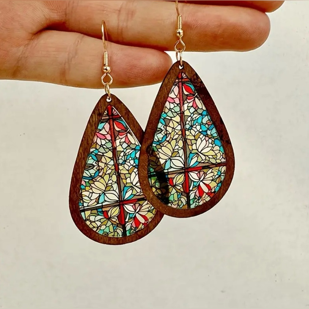 Bohemian Stained Glass Window Acrylic & Wood  Dangle Earrings w Gift Bag Style B